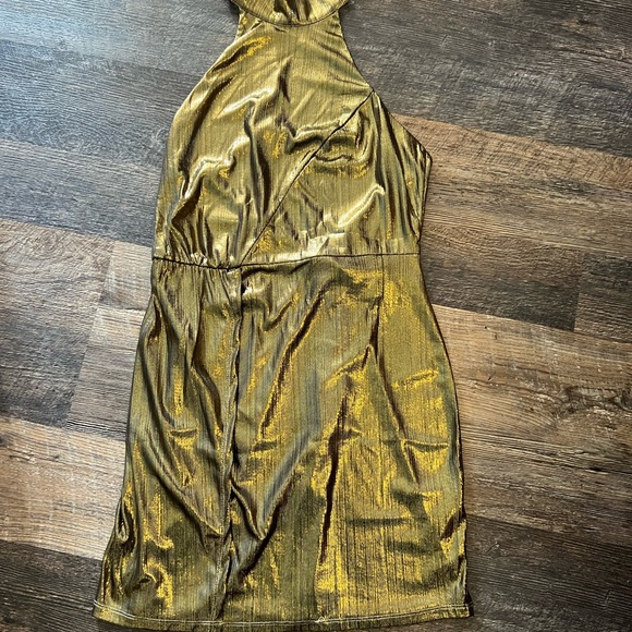 Lulu’s Prize Winner Metallic Gold Halter Mini Dress - Picture 3 of 6